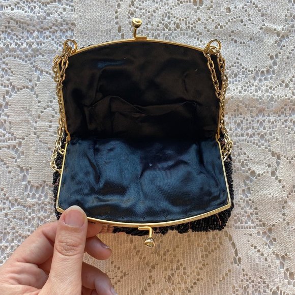 Vintage Black Beaded with Floral Pink and White Embroidery Purse w/ Chain Strap - Picture 3 of 7